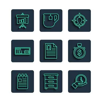 Set line Spiral notebook, Drawer with documents, Clock, Head hunting concept Stock Illustration