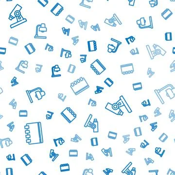Set line Spiral notebook, Microscope and Table lamp on seamless pattern. Vector イラスト素材