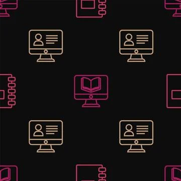 Set line Spiral notebook, Online class and  on seamless pattern. Vector Stock Illustration
