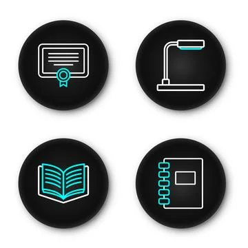 Set line Spiral notebook, Open, Table lamp and Certificate template icon. V.. Stock Illustration