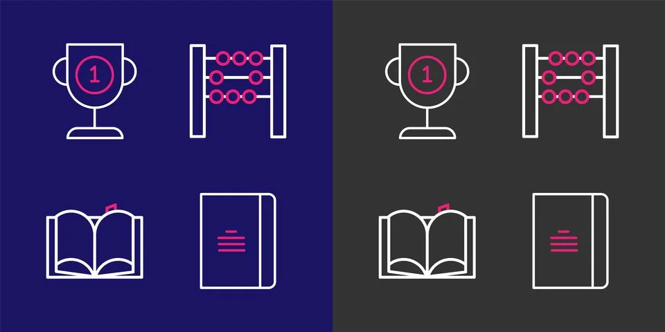 Set line Spiral notebook, Open, Abacus and Award cup icon. Vector Stock Illustration