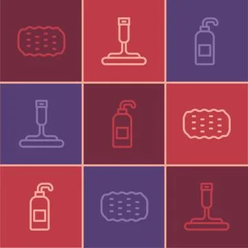 Set line Sponge, Antibacterial soap and Rubber cleaner for windows icon. Vector Illustrazione stock