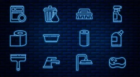 Set line Sponge, Bottles for cleaning agent, Brush, Plastic basin, Toilet p.. Stock Illustration