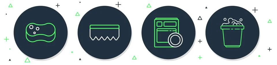 Set line Sponge with bubbles, Kitchen dishwasher machine, and Bucket soap suds Stock Illustration