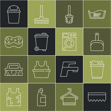 Set line Sponge, Bucket with foam, Dustpan, Toilet brush, Trash can, and Washer Ilustración de archivo