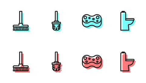 Set line Sponge, Handle broom, Toilet brush and bowl icon. Vector Illustration