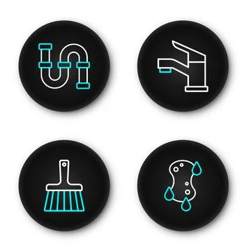 Set line Sponge, Handle broom, Water tap and Industry metallic pipe icon. V.. Illustration