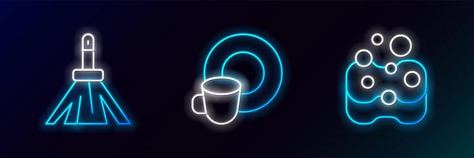 Set line Sponge, Handle broom and Washing dishes icon. Glowing neon. Vector Illustration