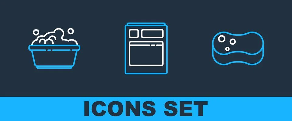 Set line Sponge, Plastic basin with soap suds and Kitchen dishwasher machine Stock Illustration