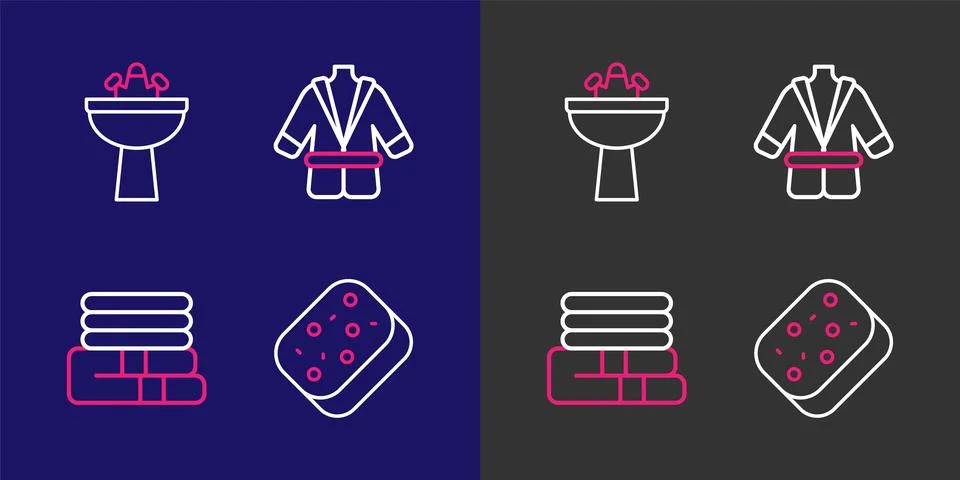 Set line Sponge, Towel stack, Bathrobe and Washbasin with water tap icon. V.. イラスト素材
