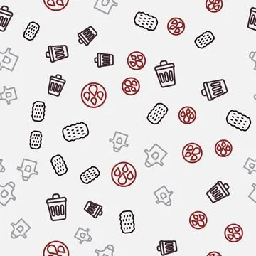 Set line Sponge, Trash can, Kitchen apron and Water drop on seamless pattern Stock Illustration