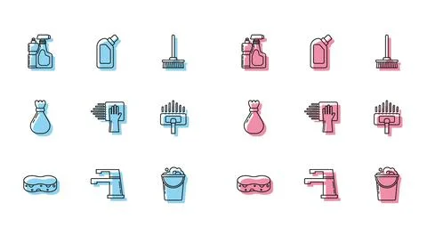 Set line Sponge, Water tap, Plastic bottles for liquid dishwashing liquid, Bu Stock Illustration