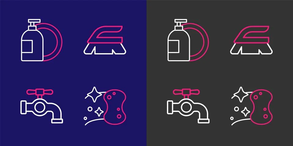 Set line Sponge, Water tap, Brush for cleaning and Dishwashing liquid bottl.. Stock Illustration