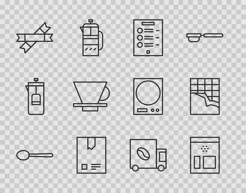Set line Spoon, Bag of coffee beans, Coffee menu, Sugar stick packets, V60 maker Illustration