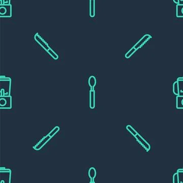 Set line Spoon, Bread knife and Blender on seamless pattern. Vector 스톡 일러스트
