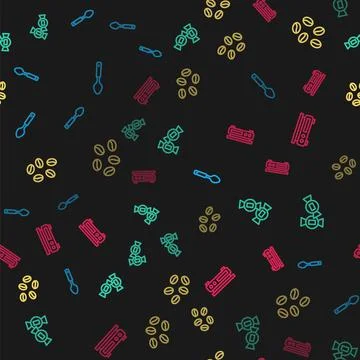 Set line Spoon, Candy, Coffee beans and Electronic scales on seamless pattern Illustrazione stock