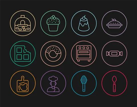 Set line Spoon, Candy, Pudding custard, Donut, Chocolate bar, Brick stove, Oven Illustrazione stock