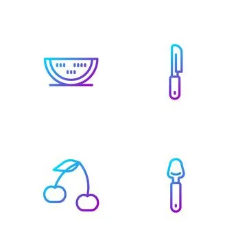 Set line Spoon, Cherry, Watermelon and Knife. Gradient color icons. Vector Stock Illustration