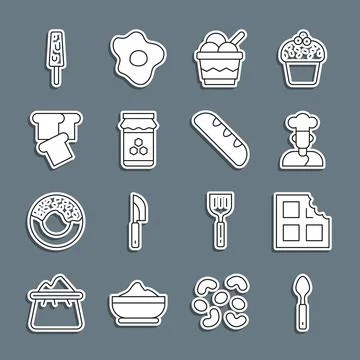 Set line Spoon, Chocolate bar, Cook, Ice cream in bowl, Jar of honey, Bread.. 스톡 일러스트