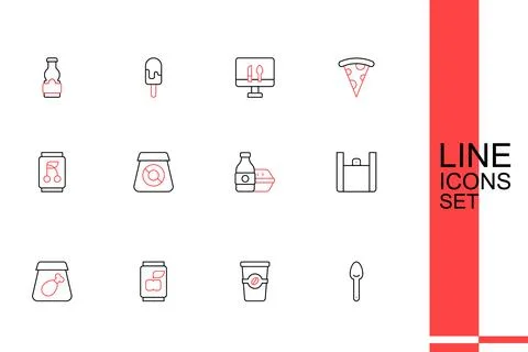 Set line Spoon, Coffee cup to go, Soda can, Online ordering meal, food, and.. Ilustración de archivo