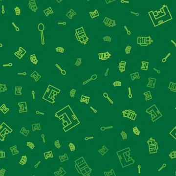 Set line Spoon, Coffee machine and French press on seamless pattern. Vector Stock Illustration