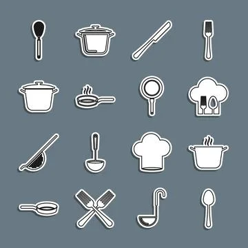 Set line Spoon, Cooking pot, Chef hat with fork and spoon, Knife, Frying pa.. Stock Illustration