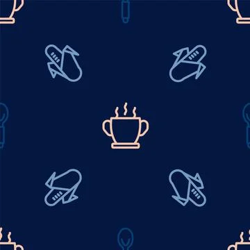 Set line Spoon, Corn and Bowl of hot soup on seamless pattern. Vector Stock Illustration