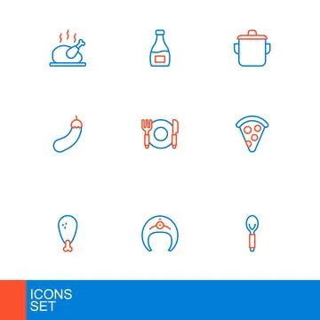 Set line Spoon, Fish steak, Chicken leg, Slice of pizza, Eggplant, Plate, f.. Stock Illustration