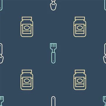 Set line Spoon, Jam jar and Fork on seamless pattern. Vector Stock Illustration