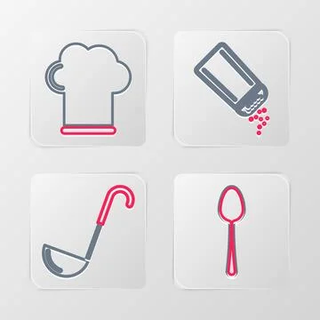 Set line Spoon, Kitchen ladle, Salt and pepper and Chef hat icon. Vector Stock Illustration