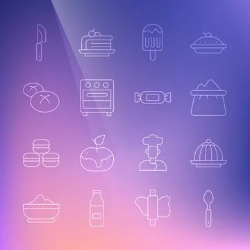 Set line Spoon, Pudding custard, Bag of flour, Ice cream, Oven, Bread loaf Stock Illustration