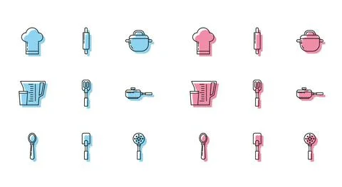 Set line Spoon, Spatula, Chef hat, Frying pan, Measuring cup and Rolling pin Stock Illustration