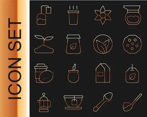 Set line Spoon with sugar, Tea bag leaf, Cookie or biscuit, Flower, packaging Illustrazione stock