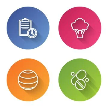 Set line Sport training program, Broccoli, Fitness ball and Vitamin pill. Color Stock Illustration