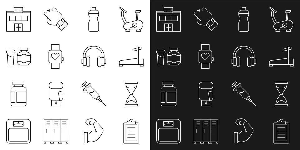 Set line Sport training program, Old hourglass, Treadmill machine, Fitness Stock Illustration