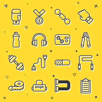Set line Sport training program, Jump rope, expander, Dumbbell, Headphones Stock Illustration