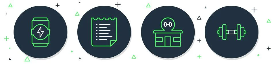 Set line Sport training program, Gym building, Energy drink and Dumbbell icon Stock Illustration