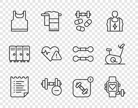 Set line Sport training program, Smart watch with heart, Sports doping dumbbell Stock Illustration