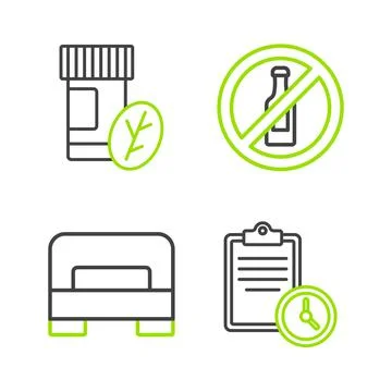Set line Sport training program, Big bed, No alcohol and Vitamin pill icon Illustrazione stock