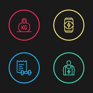 Set line Sport training program, Bodybuilder, Energy drink and Weight icon Stock Illustration