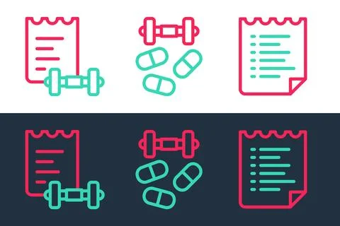 Set line Sport training program, and Sports doping with dumbbell icon. Vector Stock Illustration