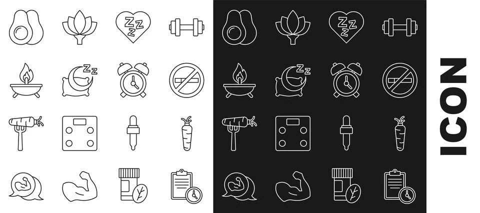 Set line Sport training program, Carrot, No Smoking, Sleepy, Time to sleep,.. Ilustração Stock