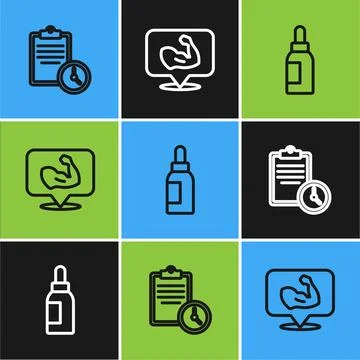 Set line Sport training program, Essential oil bottle and Bodybuilder muscl.. Stock Illustration