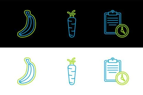 Set line Sport training program, Banana and Carrot icon. Vector Stock Illustration
