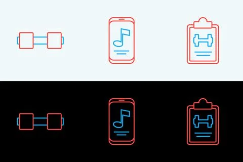 Set line Sport training program, Dumbbell and Music player icon. Vector Stock Illustration