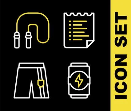 Set line Sport training program, Energy drink, Short pants and Jump rope ic.. Illustrazione stock