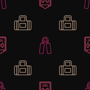 Set line Sport training program, bag and expander on seamless pattern. Vector Illustrazione stock