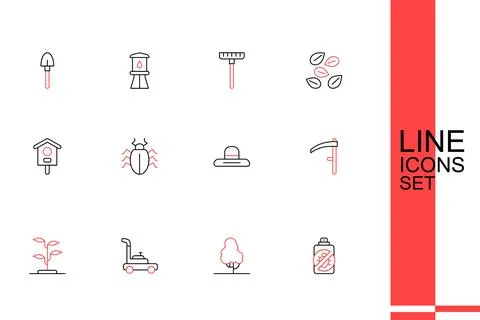 Set line Spray against insects, Fruit tree, Lawn mower, Sprout, Scythe, Far.. Stock Illustration