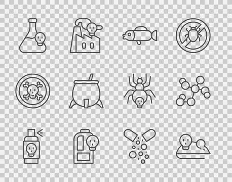 Set line Spray against insects, Experimental mouse, Puffer fish, Beaker wit.. Illustrazione stock