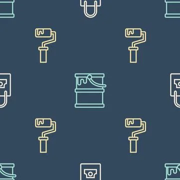 Set line Spray can nozzle cap, Paint roller brush and bucket on seamless pattern Stock Illustration
